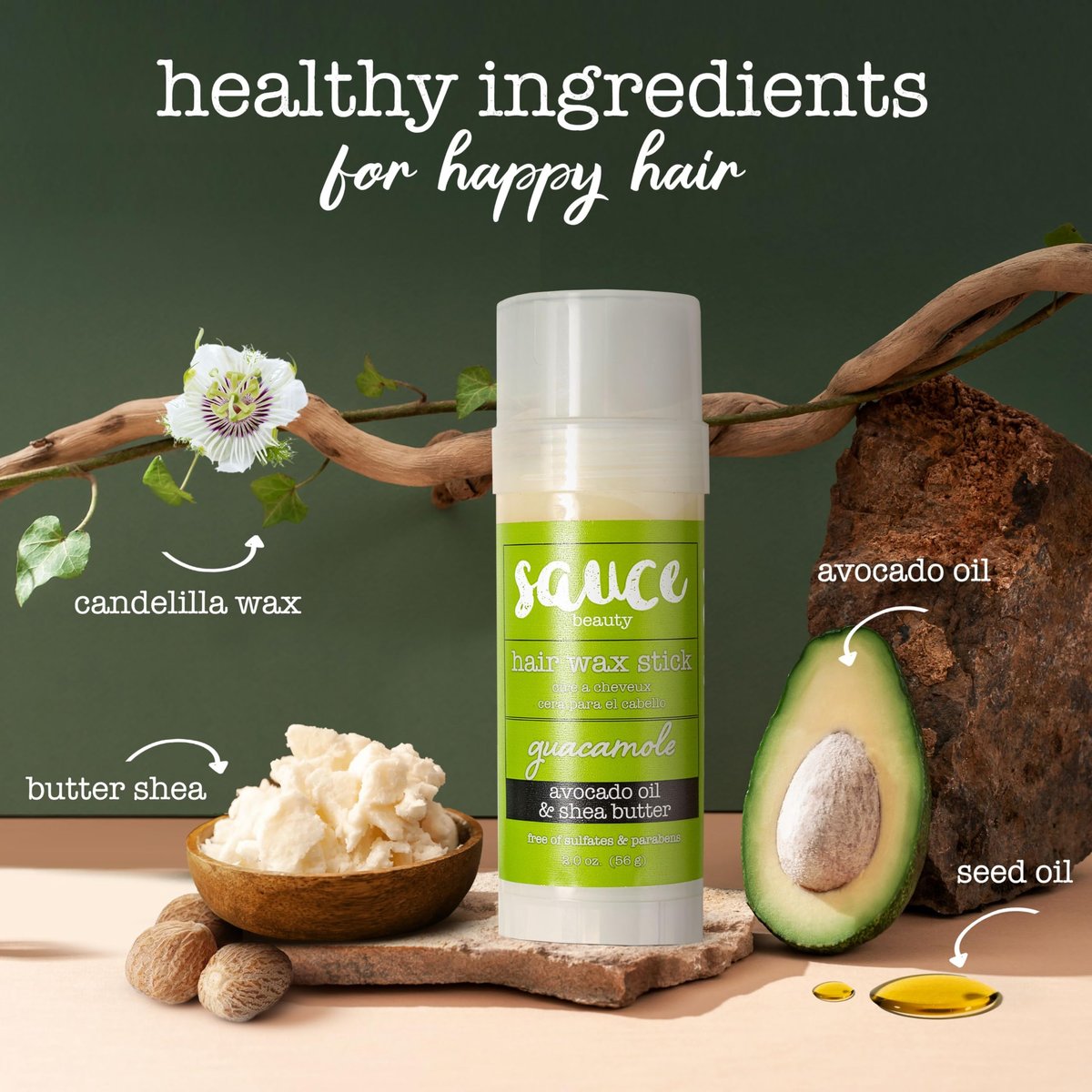 SAUCE BEAUTY Guacamole Hair Wax - Moisturizing Avocado Oil & Shea Butter Wax for Styling Flyaway & Brittle Hair, Paraben & Sulfate Free (2 oz) Avelisse
