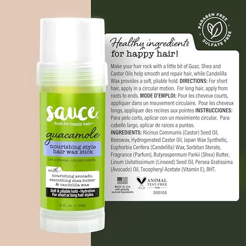 SAUCE BEAUTY Guacamole Hair Wax - Moisturizing Avocado Oil & Shea Butter Wax for Styling Flyaway & Brittle Hair, Paraben & Sulfate Free (2 oz) Avelisse