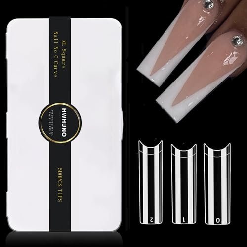HWHUNO Long Straight Half Cover Tapered XL Square Nail Tips - No C Curve, Clear ABS False Nails 500Pcs for Salon & Home DIY - görsel 1