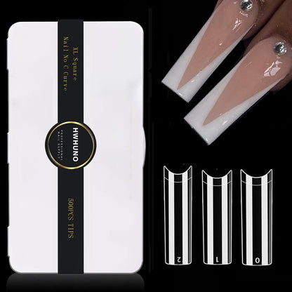 HWHUNO Long Straight Half Cover Tapered XL Square Nail Tips - No C Curve, Clear ABS False Nails 500Pcs for Salon & Home DIY
