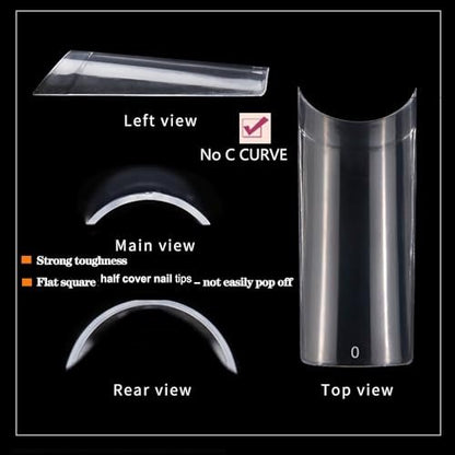 HWHUNO Long Straight Half Cover Tapered XL Square Nail Tips - No C Curve, Clear ABS False Nails 500Pcs for Salon & Home DIY