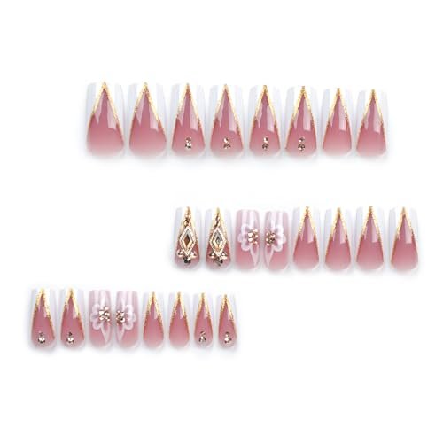 QQPPOLIU Press On Nails - French, Nude, Flower & Rhinestone Designs - Long, Medium, Coffin, Square, 3D, Glitter, Fake Nails - 24pcs - görsel 5