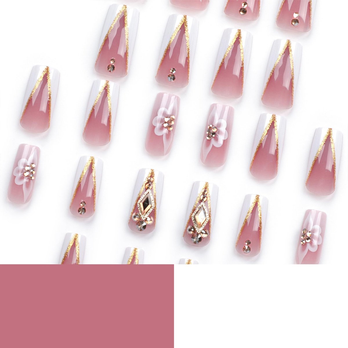 QQPPOLIU Press On Nails - French, Nude, Flower & Rhinestone Designs - Long, Medium, Coffin, Square, 3D, Glitter, Fake Nails - 24pcs - görsel 8