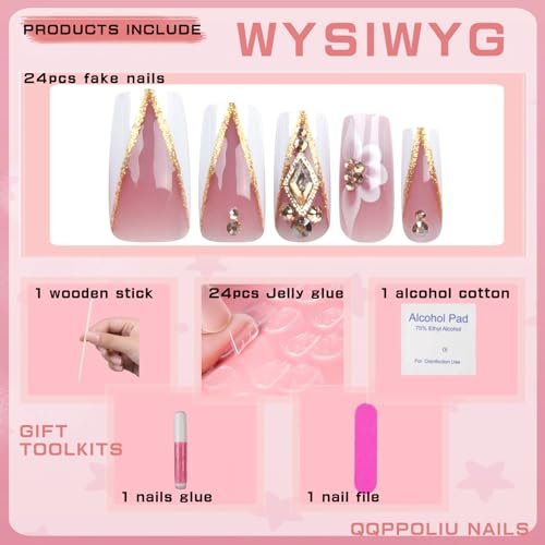 QQPPOLIU Press On Nails - French, Nude, Flower & Rhinestone Designs - Long, Medium, Coffin, Square, 3D, Glitter, Fake Nails - 24pcs - görsel 3