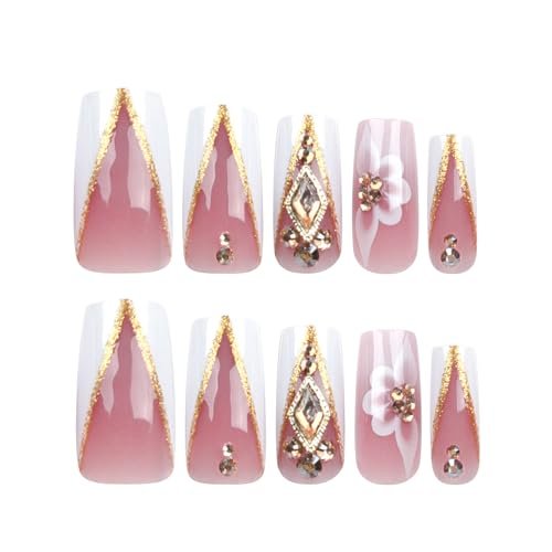 QQPPOLIU Press On Nails - French, Nude, Flower & Rhinestone Designs - Long, Medium, Coffin, Square, 3D, Glitter, Fake Nails - 24pcs - görsel 7