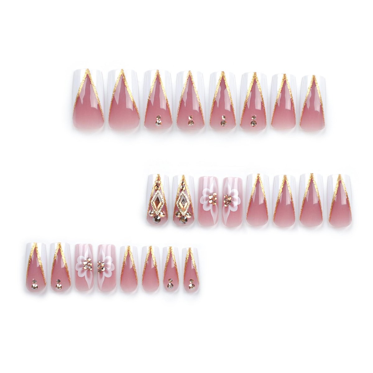 QQPPOLIU Press On Nails - French, Nude, Flower & Rhinestone Designs - Long, Medium, Coffin, Square, 3D, Glitter, Fake Nails - 24pcs - görsel 4