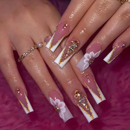 QQPPOLIU Press On Nails - French, Nude, Flower & Rhinestone Designs - Long, Medium, Coffin, Square, 3D, Glitter, Fake Nails - 24pcs