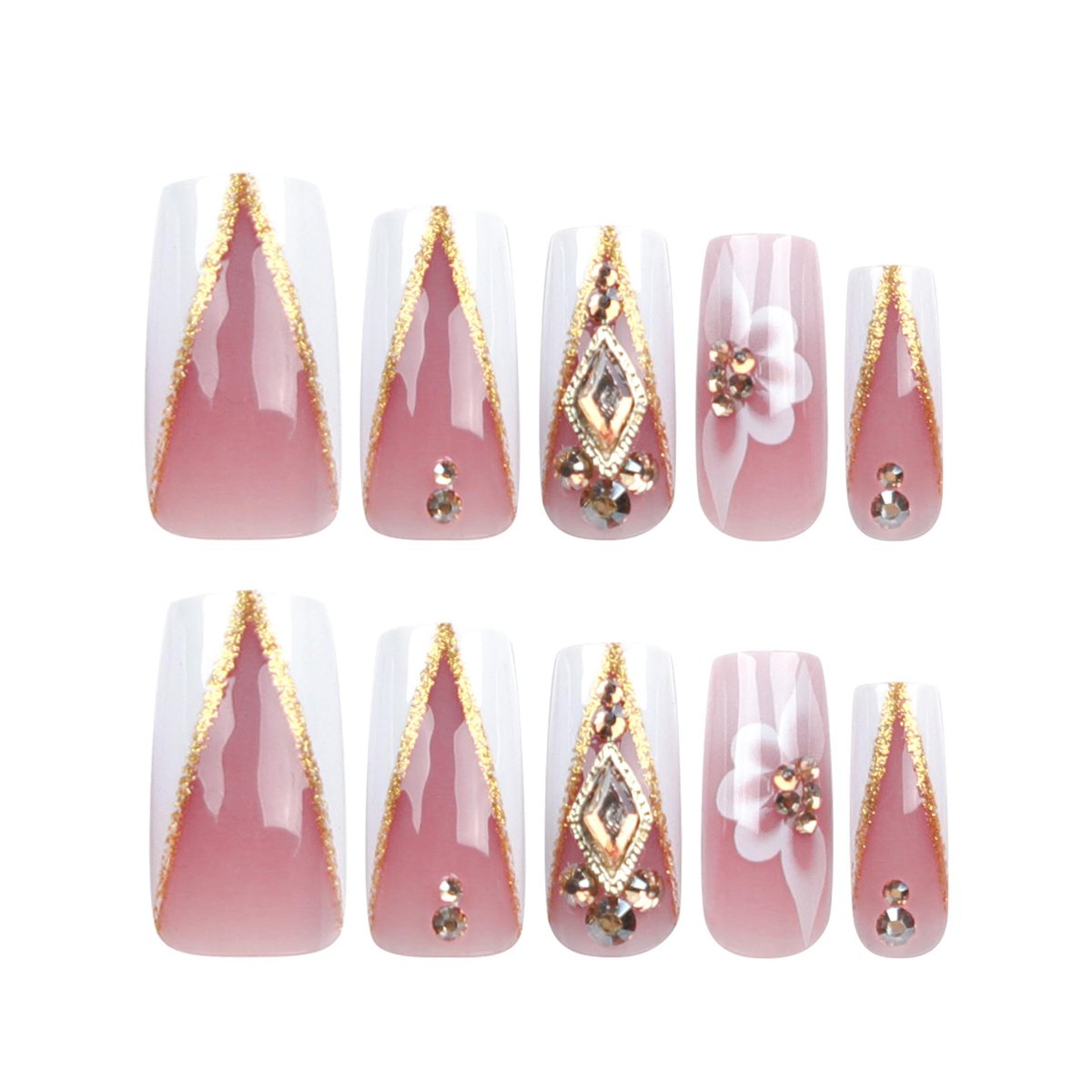 QQPPOLIU Press On Nails - French, Nude, Flower & Rhinestone Designs - Long, Medium, Coffin, Square, 3D, Glitter, Fake Nails - 24pcs - görsel 6