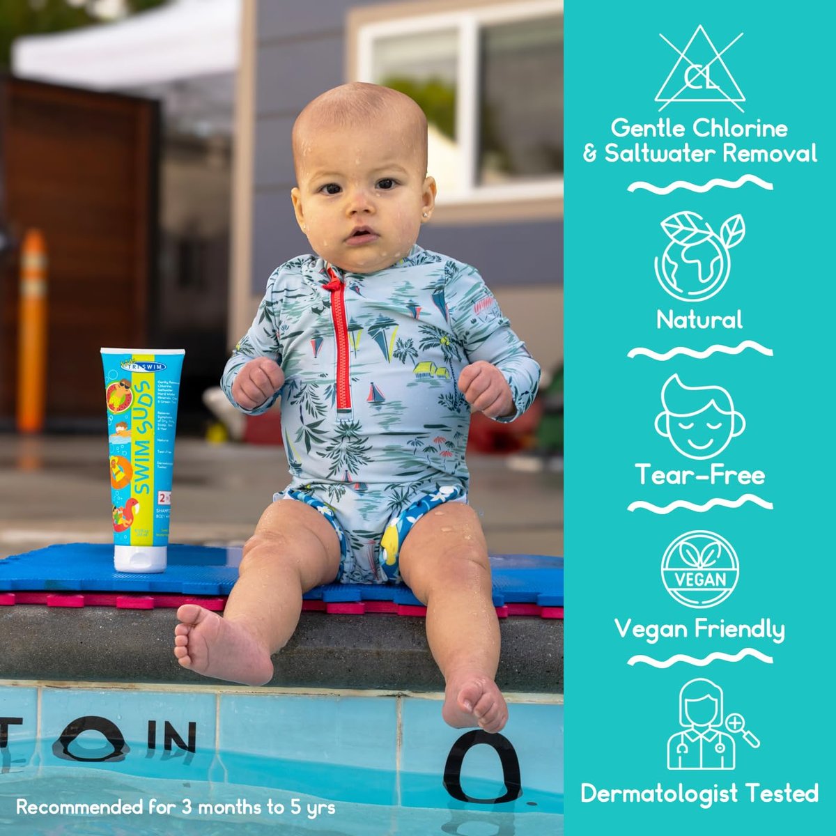 TRISWIM Kid's SWIM SUDS Natural Tear-Free 2-in-1 Shampoo & Body Wash for Babies & Up - Gently Removes Chlorine & Saltwater, 8.5 Fl Oz Avelisse