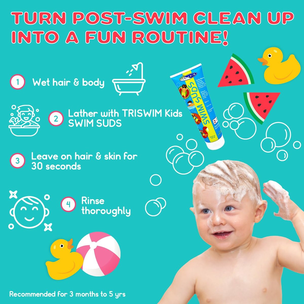 TRISWIM Kid's SWIM SUDS Natural Tear-Free 2-in-1 Shampoo & Body Wash for Babies & Up - Gently Removes Chlorine & Saltwater, 8.5 Fl Oz Avelisse