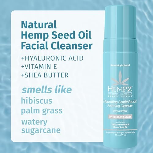 Hempz Ocean Breeze Hydrating Gentle Facial Foaming Cleanser with Hyaluronic Acid - Refreshingly Scented Moisturizing Foam Face Wash for Extremely Dry, Oily, or Sensitive Skin, 6 Oz Avelisse