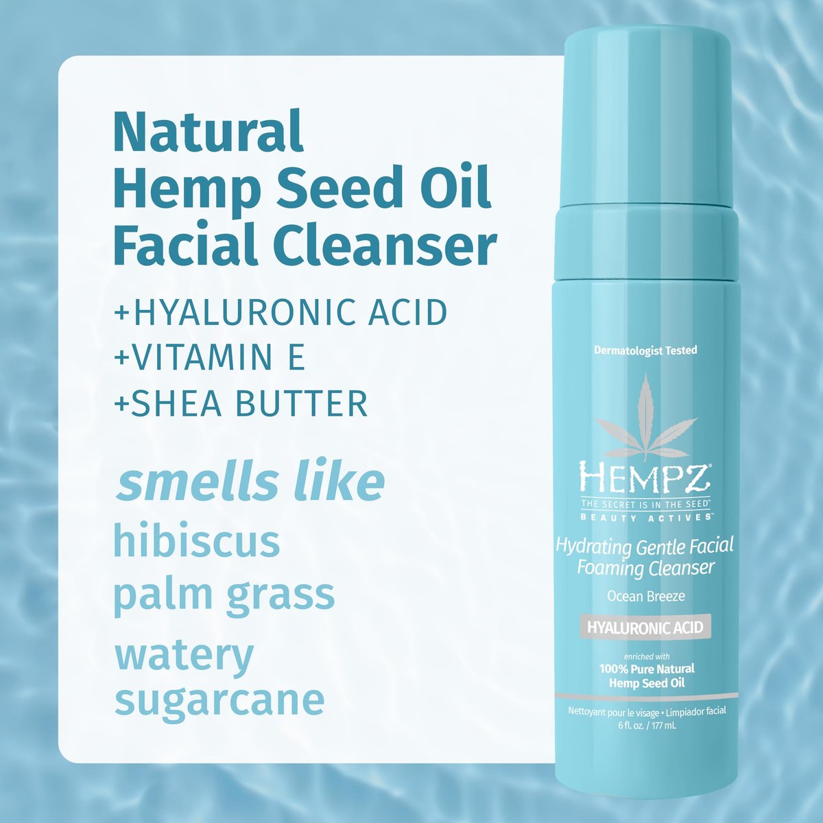 Hempz Ocean Breeze Hydrating Gentle Facial Foaming Cleanser with Hyaluronic Acid - Refreshingly Scented Moisturizing Foam Face Wash for Extremely Dry, Oily, or Sensitive Skin, 6 Oz Avelisse