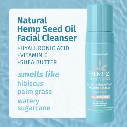 Hempz Ocean Breeze Hydrating Gentle Facial Foaming Cleanser with Hyaluronic Acid - Refreshingly Scented Moisturizing Foam Face Wash for Extremely Dry, Oily, or Sensitive Skin, 6 Oz Avelisse