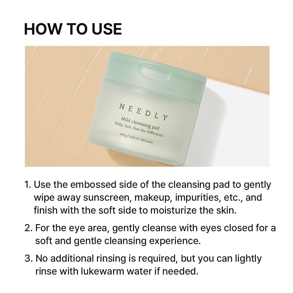 NEEDLY Mild Cleansing Pad - Makeup Remover for Sensitive Skin (60 Pads) - Triple Deep Cleansing, Barrier Care with Only Two Surfactants & Panthenol, Extra-Large Soft Vegan Pad, Korean Skincare Avelisse