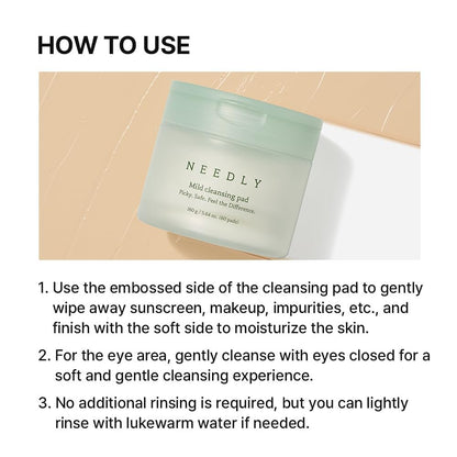 NEEDLY Mild Cleansing Pad - Makeup Remover for Sensitive Skin (60 Pads) - Triple Deep Cleansing, Barrier Care with Only Two Surfactants & Panthenol, Extra-Large Soft Vegan Pad, Korean Skincare Avelisse