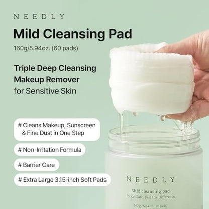 NEEDLY Mild Cleansing Pad - Makeup Remover for Sensitive Skin (60 Pads) - Triple Deep Cleansing, Barrier Care with Only Two Surfactants & Panthenol, Extra-Large Soft Vegan Pad, Korean Skincare Avelisse