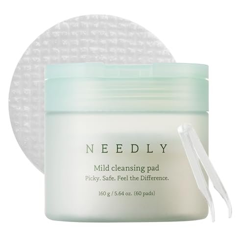 NEEDLY Mild Cleansing Pad - Makeup Remover for Sensitive Skin (60 Pads) - Triple Deep Cleansing, Barrier Care with Only Two Surfactants & Panthenol, Extra-Large Soft Vegan Pad, Korean Skincare Avelisse