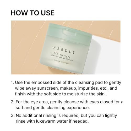 NEEDLY Mild Cleansing Pad - Makeup Remover for Sensitive Skin (60 Pads) - Triple Deep Cleansing, Barrier Care with Only Two Surfactants & Panthenol, Extra-Large Soft Vegan Pad, Korean Skincare Avelisse