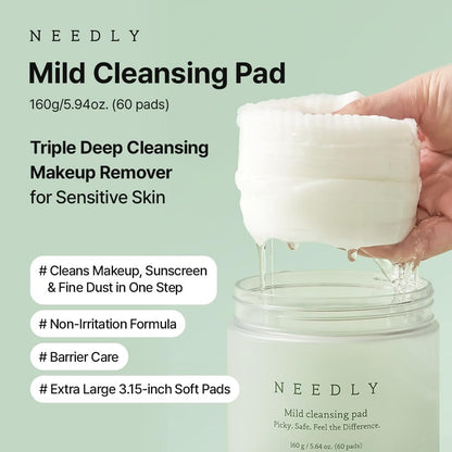 NEEDLY Mild Cleansing Pad - Makeup Remover for Sensitive Skin (60 Pads) - Triple Deep Cleansing, Barrier Care with Only Two Surfactants & Panthenol, Extra-Large Soft Vegan Pad, Korean Skincare Avelisse