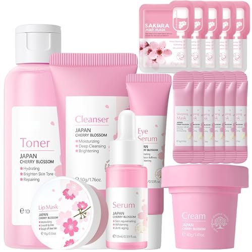 LAIKME Sakura Face Care Set for Women - 17Pcs Moisturizing Skin Care Kit with Sakura Cream, Cleanser, Serum, Toner, Eye Cream, Lip Mask, Mud Mask, Sleeping Mask - Daily Beauty Routine - görsel 2