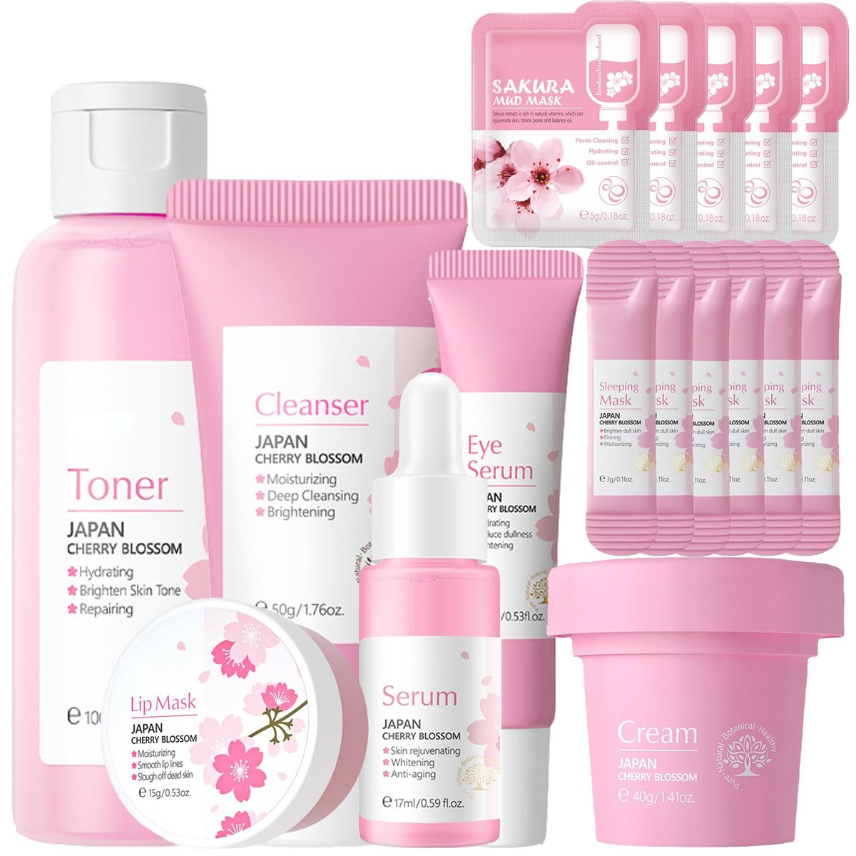 LAIKME Sakura Face Care Set for Women - 17Pcs Moisturizing Skin Care Kit with Sakura Cream, Cleanser, Serum, Toner, Eye Cream, Lip Mask, Mud Mask, Sleeping Mask - Daily Beauty Routine - görsel 1