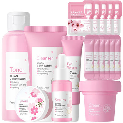 LAIKME Sakura Face Care Set for Women - 17Pcs Moisturizing Skin Care Kit with Sakura Cream, Cleanser, Serum, Toner, Eye Cream, Lip Mask, Mud Mask, Sleeping Mask - Daily Beauty Routine