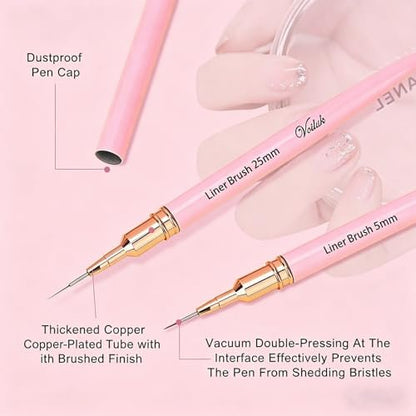 Voiluk 5-Piece Nail Art Liner Brushes Set - Thin Liner Brushes for Gel Nail Art, Striping Brushes for Fine Lines & Details (5/9/13/20/25mm)