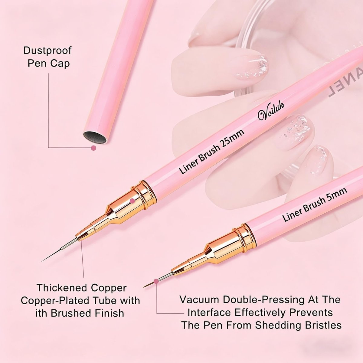 Voiluk 5-Piece Nail Art Liner Brushes Set - Thin Liner Brushes for Gel Nail Art, Striping Brushes for Fine Lines & Details (5/9/13/20/25mm) - görsel 9