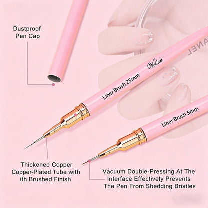Voiluk 5-Piece Nail Art Liner Brushes Set - Thin Liner Brushes for Gel Nail Art, Striping Brushes for Fine Lines & Details (5/9/13/20/25mm)