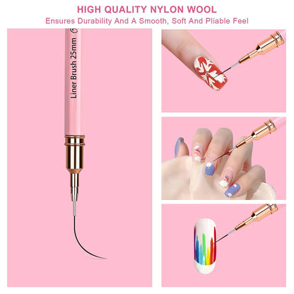 Voiluk 5-Piece Nail Art Liner Brushes Set - Thin Liner Brushes for Gel Nail Art, Striping Brushes for Fine Lines & Details (5/9/13/20/25mm)