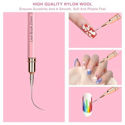 Voiluk 5-Piece Nail Art Liner Brushes Set - Thin Liner Brushes for Gel Nail Art, Striping Brushes for Fine Lines & Details (5/9/13/20/25mm)