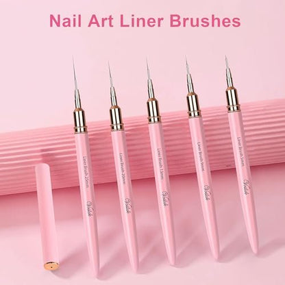 Voiluk 5-Piece Nail Art Liner Brushes Set - Thin Liner Brushes for Gel Nail Art, Striping Brushes for Fine Lines & Details (5/9/13/20/25mm)