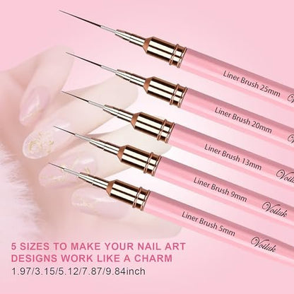 Voiluk 5-Piece Nail Art Liner Brushes Set - Thin Liner Brushes for Gel Nail Art, Striping Brushes for Fine Lines & Details (5/9/13/20/25mm)