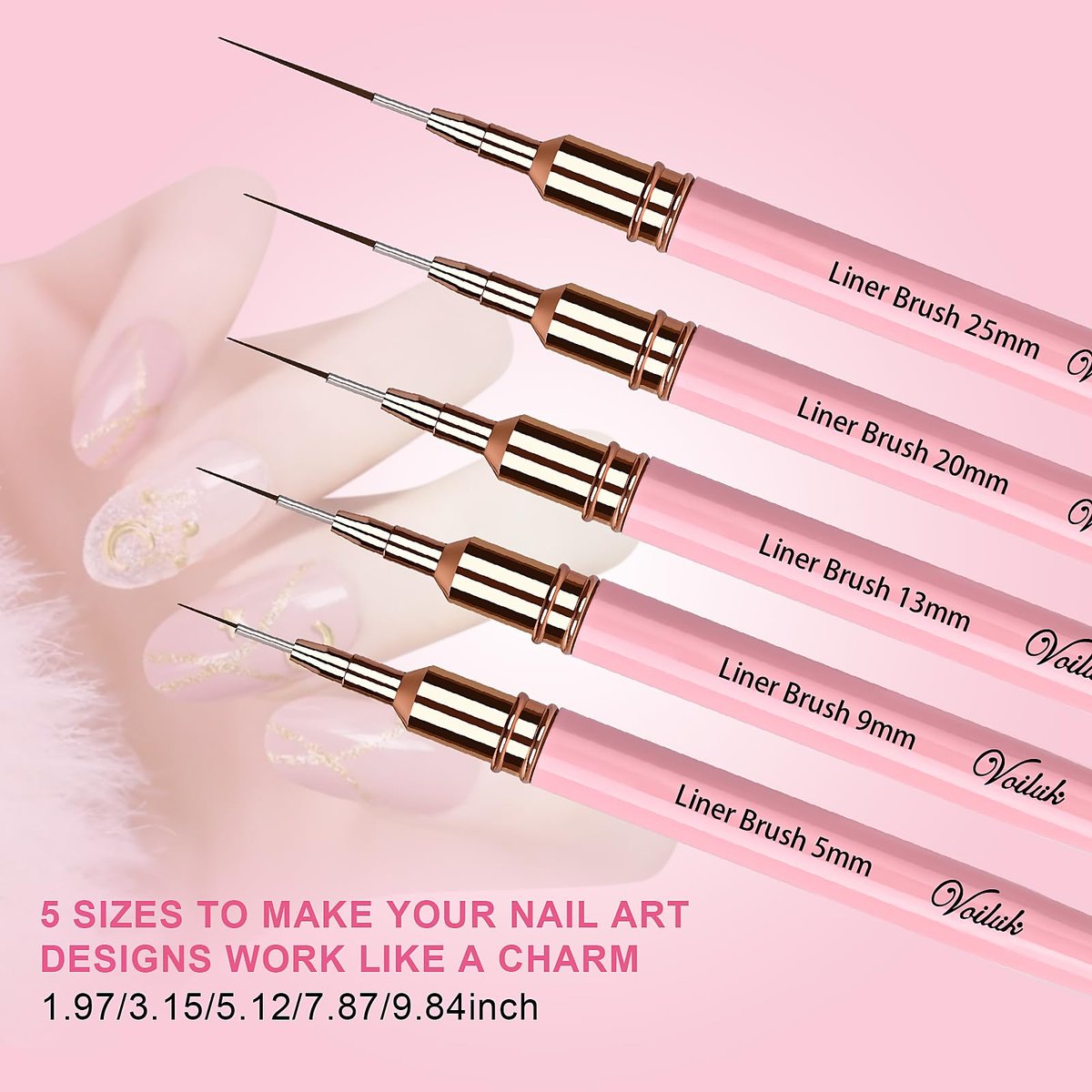 Voiluk 5-Piece Nail Art Liner Brushes Set - Thin Liner Brushes for Gel Nail Art, Striping Brushes for Fine Lines & Details (5/9/13/20/25mm) - görsel 11