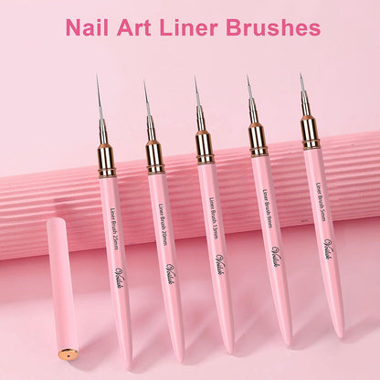 Voiluk 5-Piece Nail Art Liner Brushes Set - Thin Liner Brushes for Gel Nail Art, Striping Brushes for Fine Lines & Details (5/9/13/20/25mm)