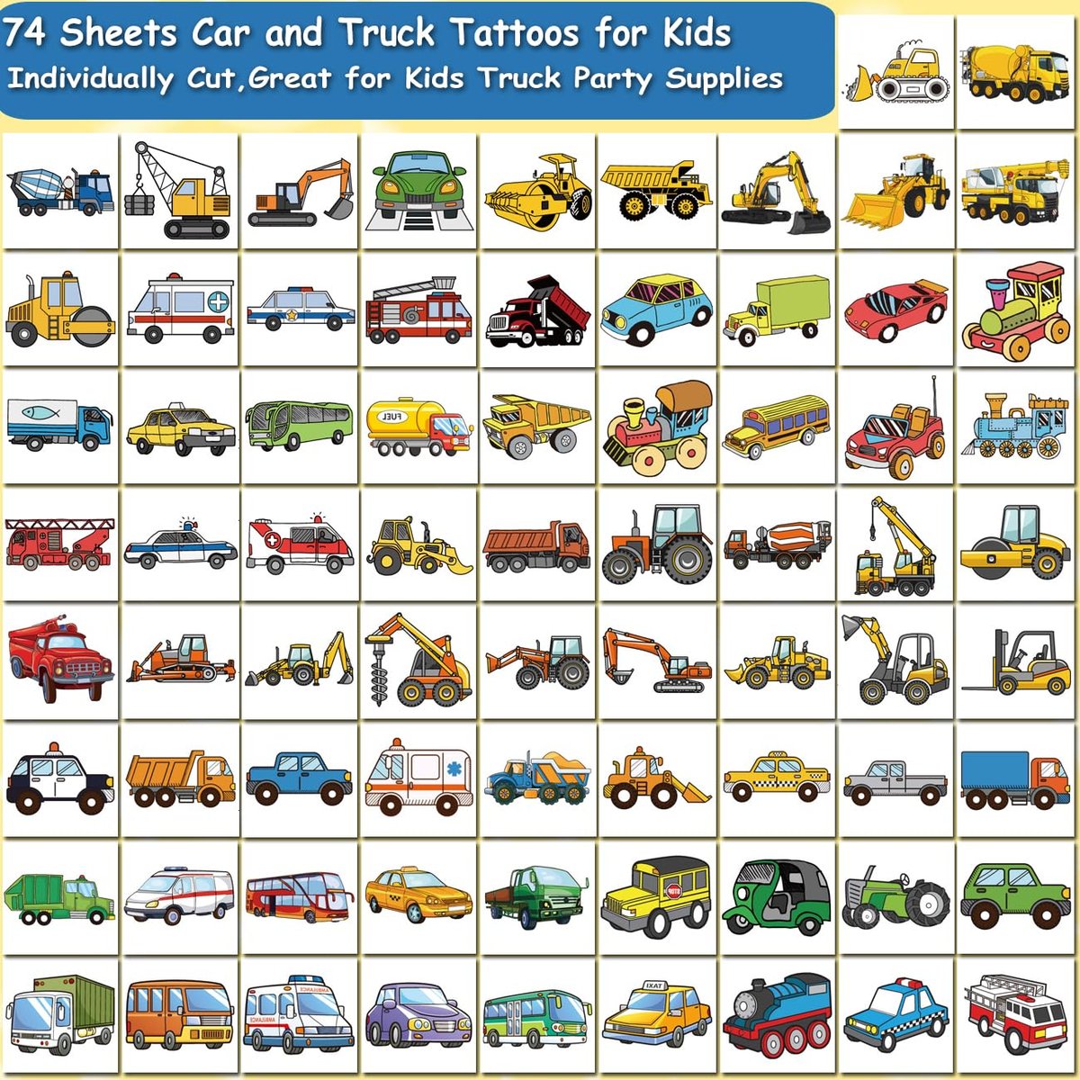 CHARLENT Car and Truck Temporary Tattoos for Kids - 74 Sheets Construction Vehicle Tattoos for Birthday Party Favors and Goodie Bag Fillers - görsel 3
