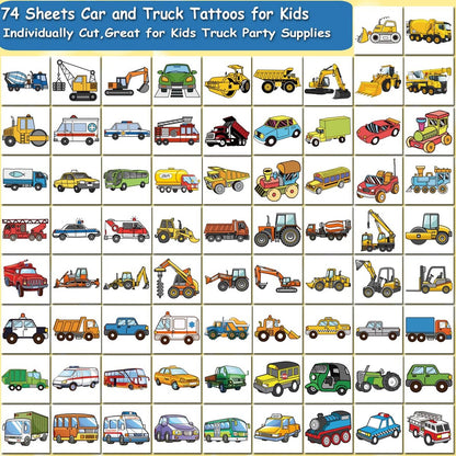 CHARLENT Car and Truck Temporary Tattoos for Kids - 74 Sheets Construction Vehicle Tattoos for Birthday Party Favors and Goodie Bag Fillers