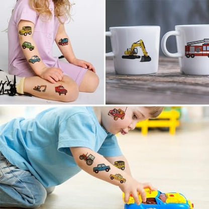 CHARLENT Car and Truck Temporary Tattoos for Kids - 74 Sheets Construction Vehicle Tattoos for Birthday Party Favors and Goodie Bag Fillers