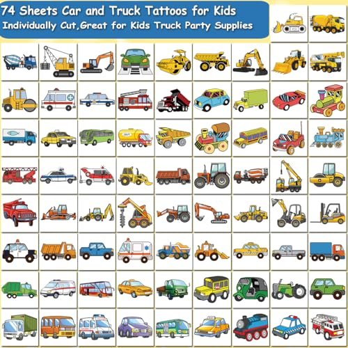 CHARLENT Car and Truck Temporary Tattoos for Kids - 74 Sheets Construction Vehicle Tattoos for Birthday Party Favors and Goodie Bag Fillers - görsel 4