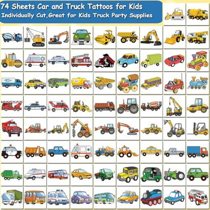 CHARLENT Car and Truck Temporary Tattoos for Kids - 74 Sheets Construction Vehicle Tattoos for Birthday Party Favors and Goodie Bag Fillers