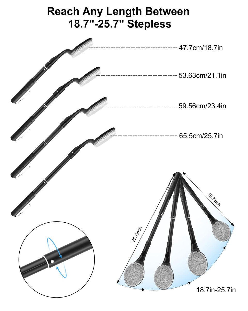 BTideas 25.7" Telescopic Back Scrubber for Shower – Anti-Slip Long Handle Bath Brush for Elderly, Disabled, and Limited Arm Movement – Exfoliating Body Brush for Improved Skin Health Avelisse