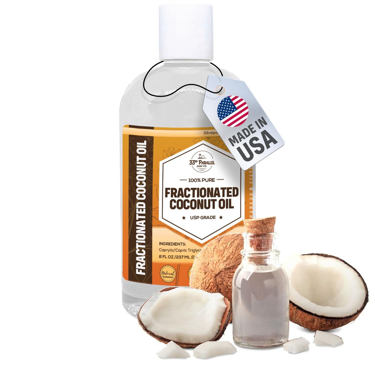 Organic Fractionated Coconut Oil (8 oz) - USP Grade, Non-GMO, Cold Pressed - 100% Pure for Skin, Face, Hair, Soap Making & Carrier Oil for Essential Oils - görsel 1