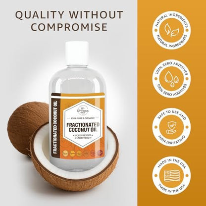 Organic Fractionated Coconut Oil (8 oz) - USP Grade, Non-GMO, Cold Pressed - 100% Pure for Skin, Face, Hair, Soap Making & Carrier Oil for Essential Oils