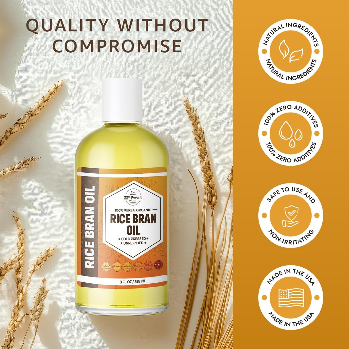 Organic Rice Bran Oil (8 oz) – Premium Cold Pressed Unrefined, 100% Pure for Skin, Face, Hair, Soap Making & Carrier Oil Avelisse