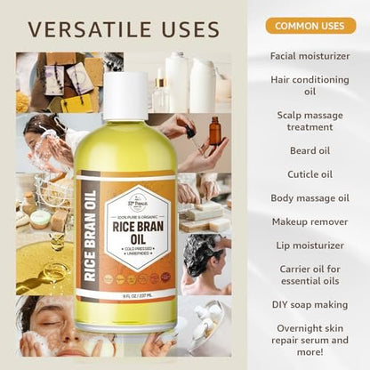Organic Rice Bran Oil (8 oz) – Premium Cold Pressed Unrefined, 100% Pure for Skin, Face, Hair, Soap Making & Carrier Oil Avelisse