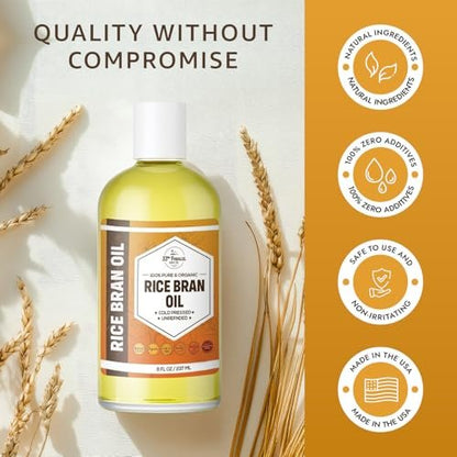 Organic Rice Bran Oil (8 oz) – Premium Cold Pressed Unrefined, 100% Pure for Skin, Face, Hair, Soap Making & Carrier Oil Avelisse