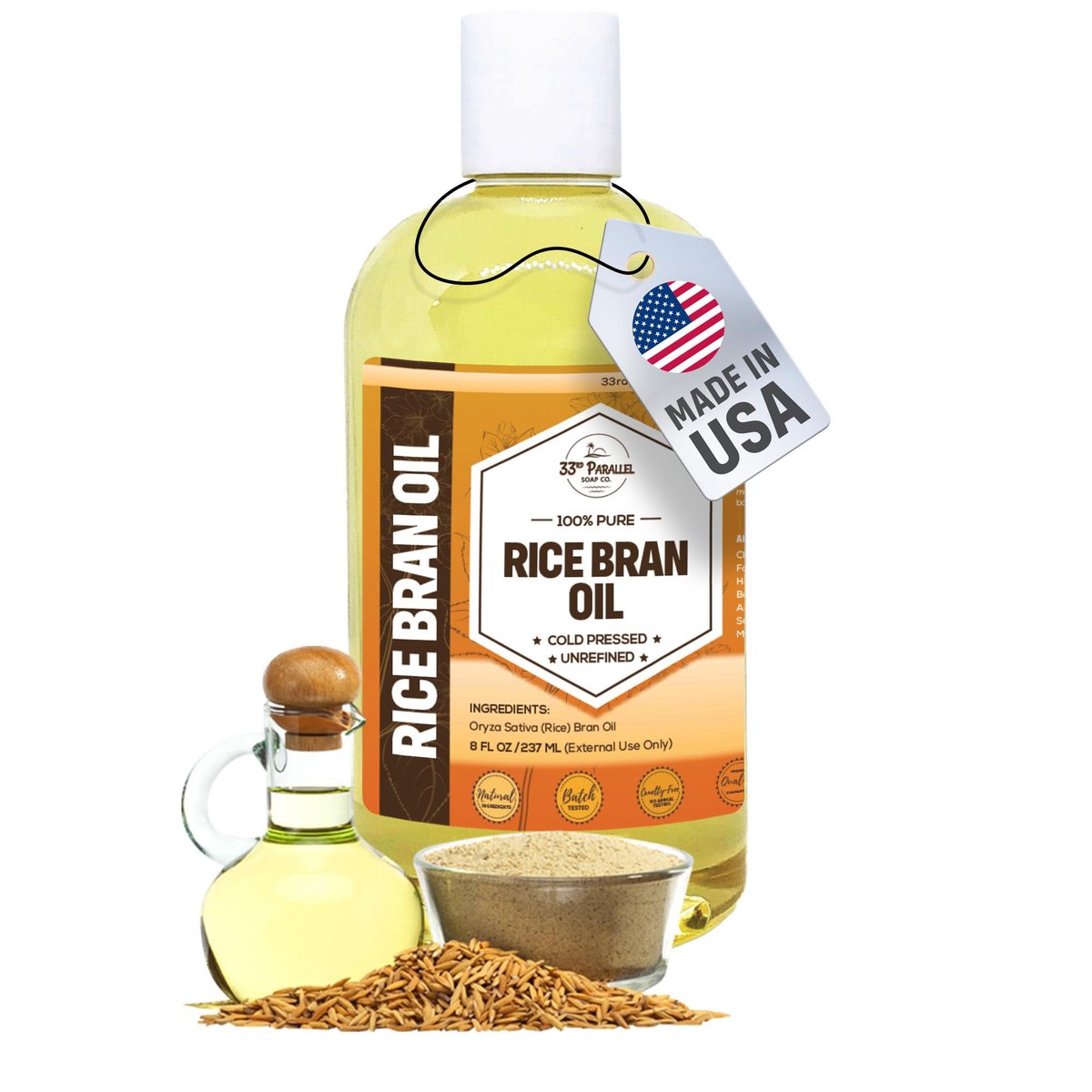 Organic Rice Bran Oil (8 oz) – Premium Cold Pressed Unrefined, 100% Pure for Skin, Face, Hair, Soap Making & Carrier Oil Avelisse