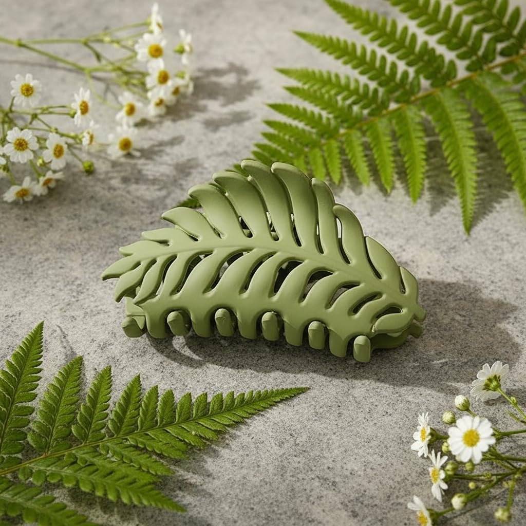 Junfamilee Green Leaf-Shaped Hair Clip with Many Teeth – 3.5 Inch Non-Slip Claw Clip for Women and Girls - görsel 2