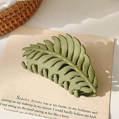 Junfamilee Green Leaf-Shaped Hair Clip with Many Teeth – 3.5 Inch Non-Slip Claw Clip for Women and Girls