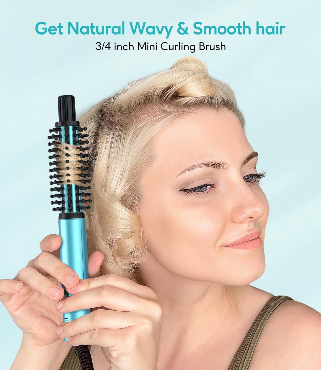 Farery Mini Thermal Brush - 3/4 Inch Curling Iron for Volumizing & Small Curls, Travel Size Hot Brush for Short & Thin Hair, Dual Voltage, 392°F, Blue Avelisse